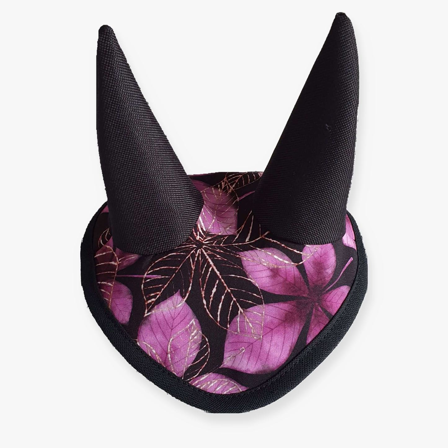 The Hobby Horse LarDen Ear Bonnet Chestnut Purple features a heart shape, a purple and black leaf-patterned fabric, and two tall black ear points for extra insect protection for your hobby horse.