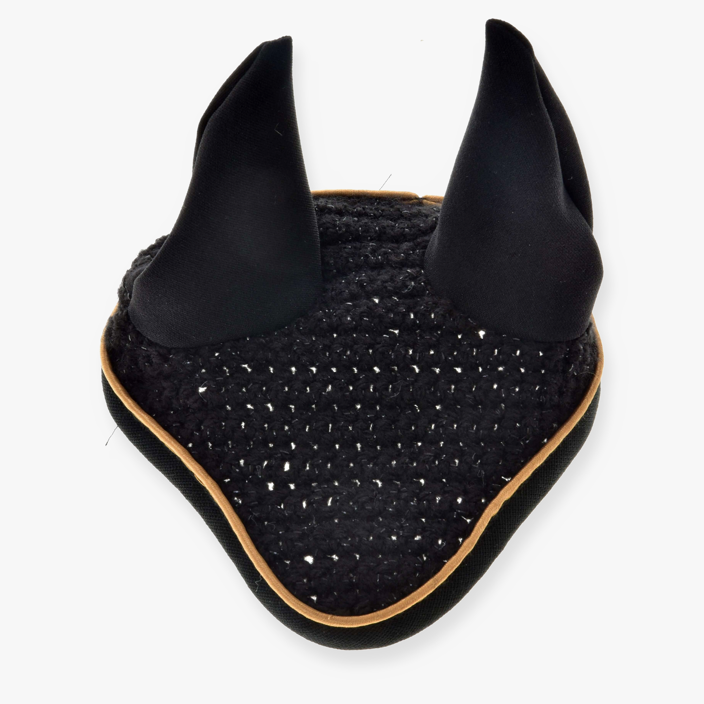 The Hobby Horse LarDen Ear Bonnet Crocheted Black Gold features upright fabric ears and a tan trim for stylish insect protection, shown on a white background.