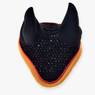 The Hobby Horse LarDen Ear Bonnet Crocheted Flag features two upright ears and orange-red trim, providing insect protection for your hobby horse. Shown here against a white background.