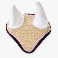 The Hobby Horse LarDen Ear Bonnet Crocheted Nicol is a beige, triangular crochet patch with blue and red borders, topped with two large white soft horns—a unique Christmas ornament for horse lovers.