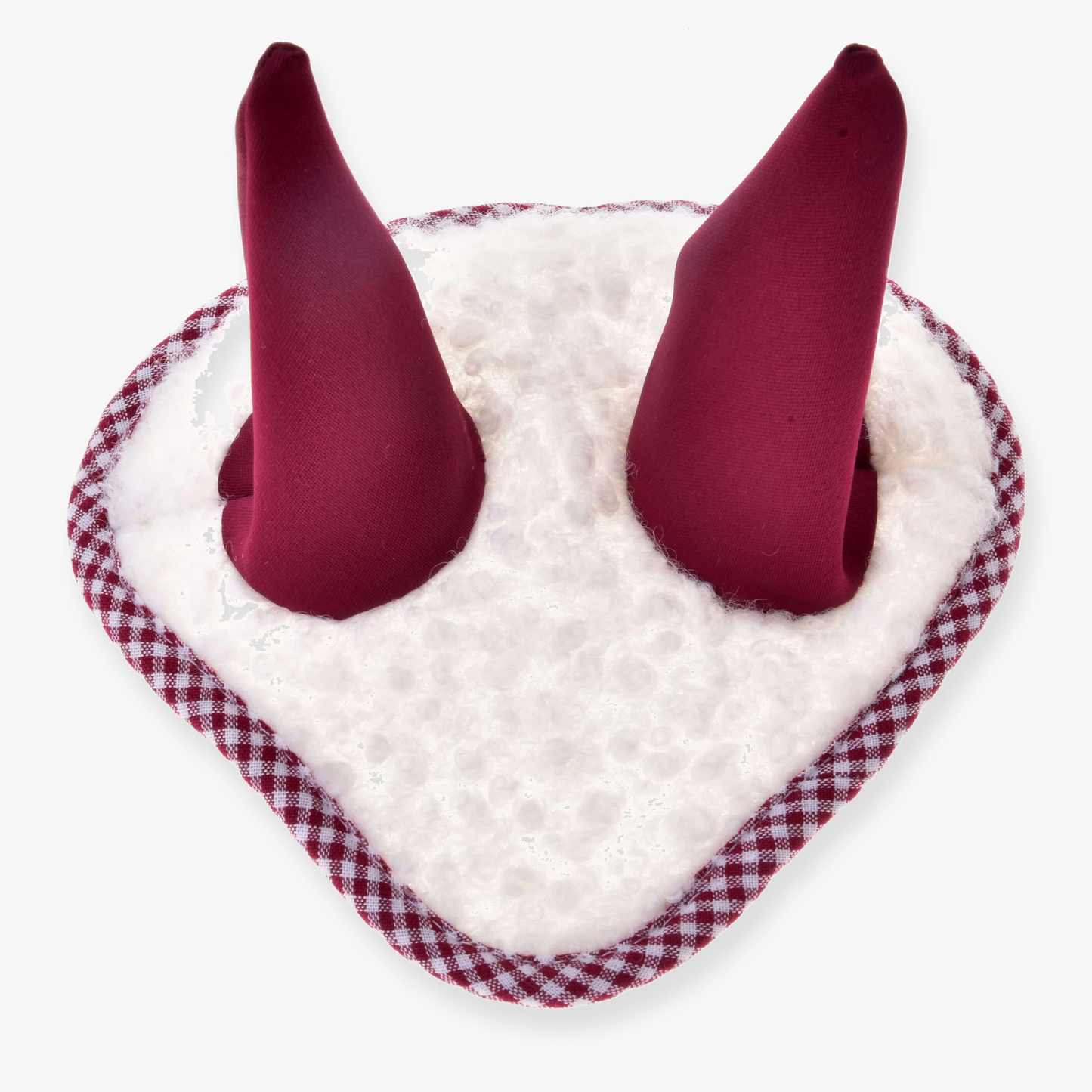 The Hobby Horse LarDen Ear Bonnet Cube Red is a white, heart-shaped plush with red gingham trim and two tall burgundy cones, resembling a whimsical hobby horse ear bonnet.