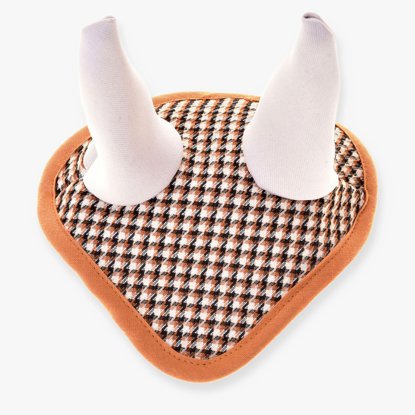 The Hobby Horse LarDen Ear Bonnet English Brown Plaid features a brown and white checkered pattern with two white cone-shaped ears and a light brown border, ideal for horse insect protection.