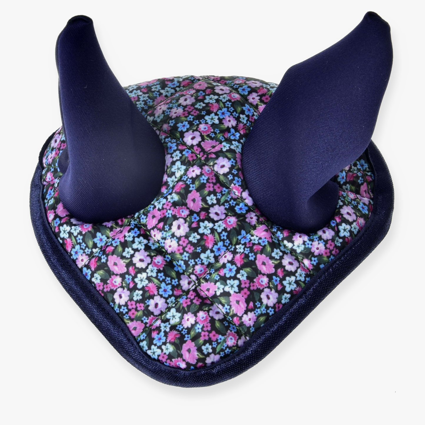 The Hobby Horse LarDen Ear Bonnet Flower features purple and blue ear fabric with a base adorned in small pink, blue, and purple flowers, providing both charming style and effective insect protection.