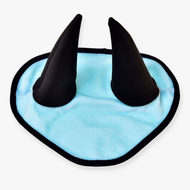 The Hobby Horse LarDen Ear Bonnet Ice Blue features a light ice blue design with two tall, pointed black horns and a black border, shown lying flat on a white background.