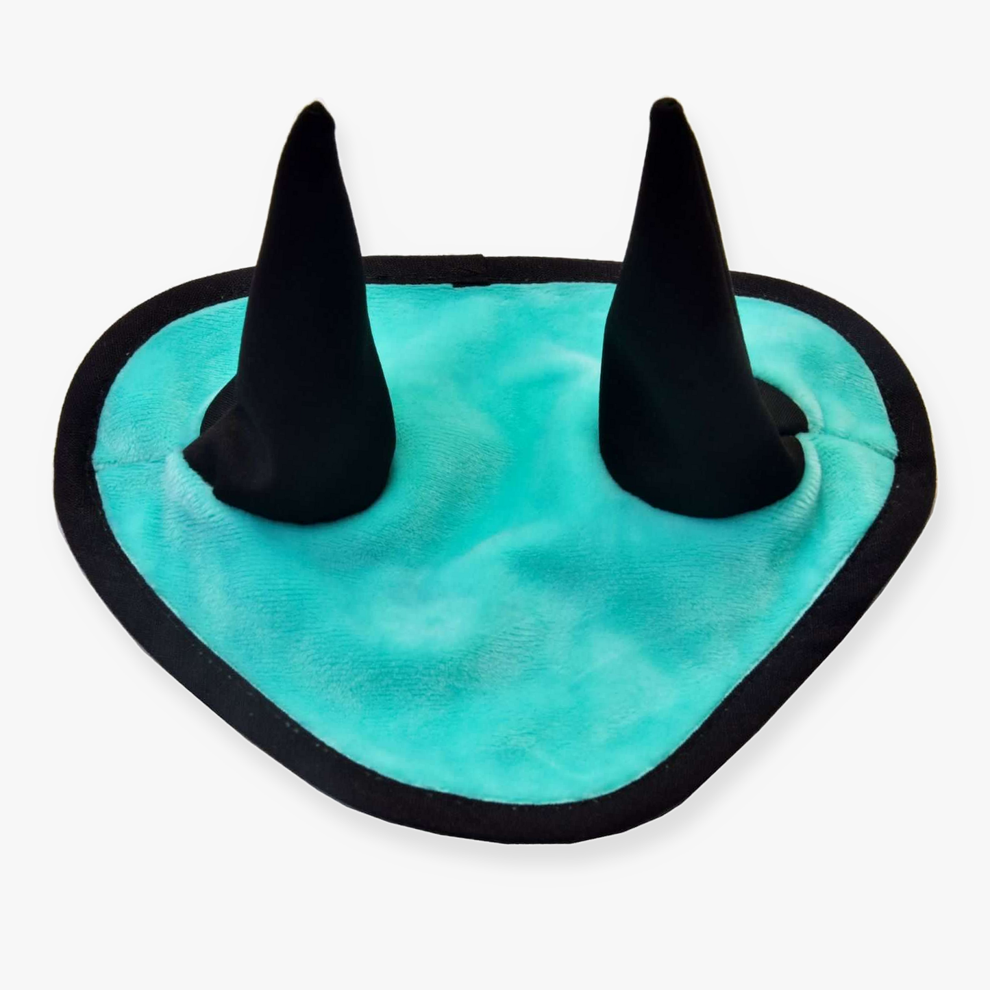 The Hobby Horse LarDen Ear Bonnet Mint features a turquoise and black triangular fabric pad with two upright, cone-shaped "ears"—ideal for use as a hobby horse ear bonnet or for fly protection.
