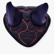 The Hobby Horse LarDen Ear Bonnet Pink Heart is a dark, heart-shaped horse ornament with horn-like padded points and red stitching, resembling fly protection gear, shown from above on a white background.