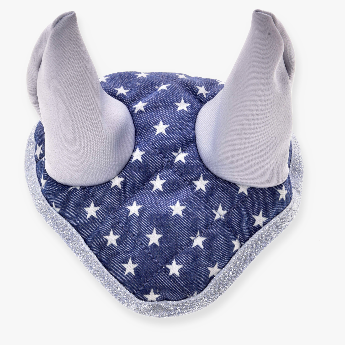 The Hobby Horse LarDen Ear Bonnet Star is a blue quilted fabric fly bonnet with white stars, two upright soft gray ears, and silver trim for horse protection.