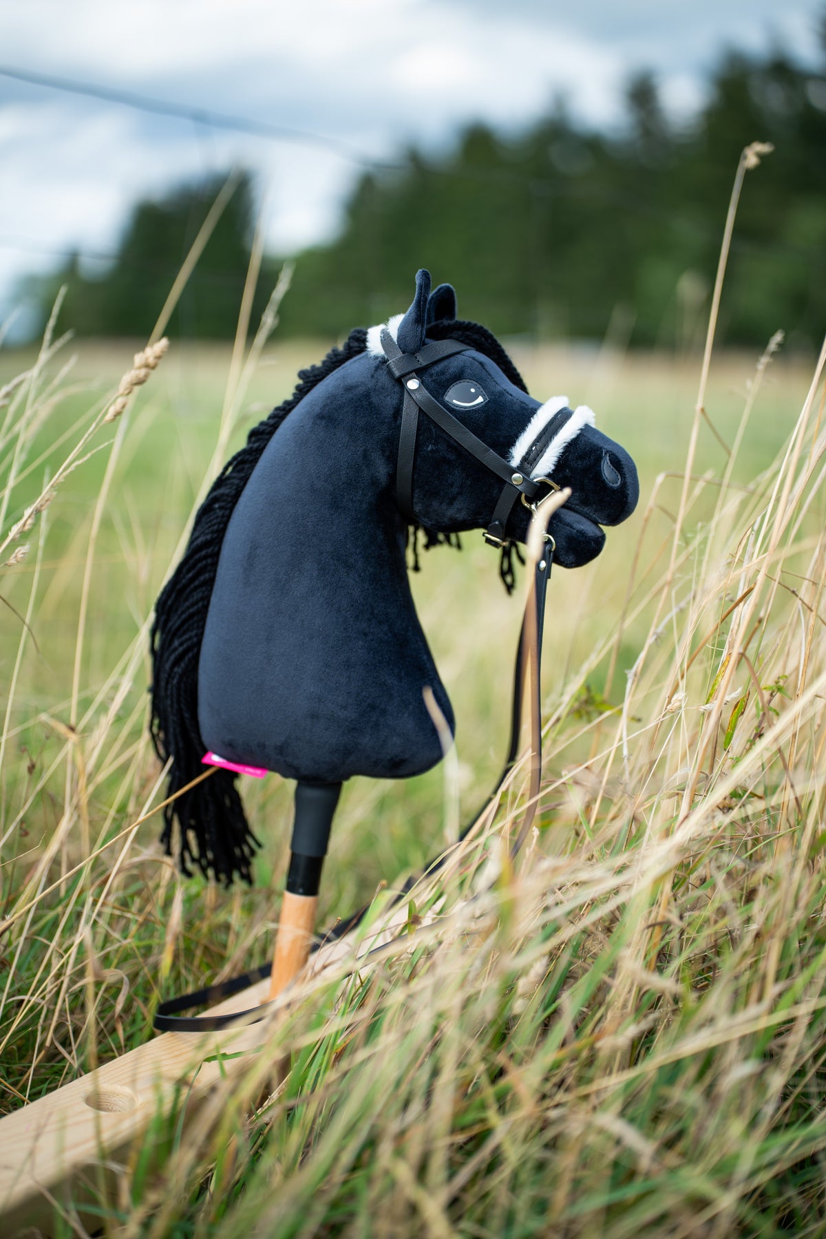 Detail photo: the Hobby Horse Mahal with Black Halter by Hobby Horse LarDen standing in tall dry grass in a meadow - black plush head, black yarn mane, wooden stick - shown here with the complete bridle with fur.