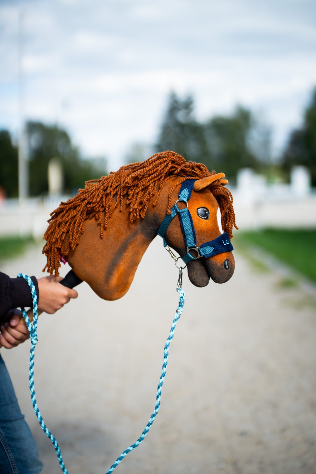 Detail photo: the head of the Hobby Horse Pippa with Black Halter by Hobby Horse LarDen held up beside the arena, the blue lead rope hanging - chestnut plush, ginger yarn mane and forelock - shown here with the fur-lined LarDen Blue halter and the Bloom Blue lead rope.
