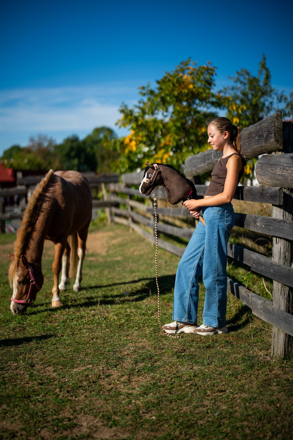 Girl in jeans at a paddock fence holding Hobby Horse Sisi on a lead rope while a chestnut pony grazes nearby