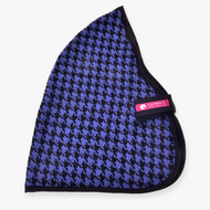 A blue and black houndstooth-patterned horse ear bonnet with black trim and a pink tag, perfect for pairing with your Hobby Horse LarDen Stable Blanket Blue during horse training or hobby horse activities.