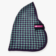 The Stable Blanket Green by Hobby Horse LarDen features a teal and black houndstooth pattern, curved shape, dark trim, black strap, and a pink LarDen label—perfect as a stylish and unique clothing accessory.