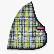 A plaid dog coat in green, blue, and black with dark trim features a pink Lucy Dony label. Inspired by Hobby Horse LarDen’s Stable Blanket Lemon Blue for added style and comfort. Shown on a white background.
