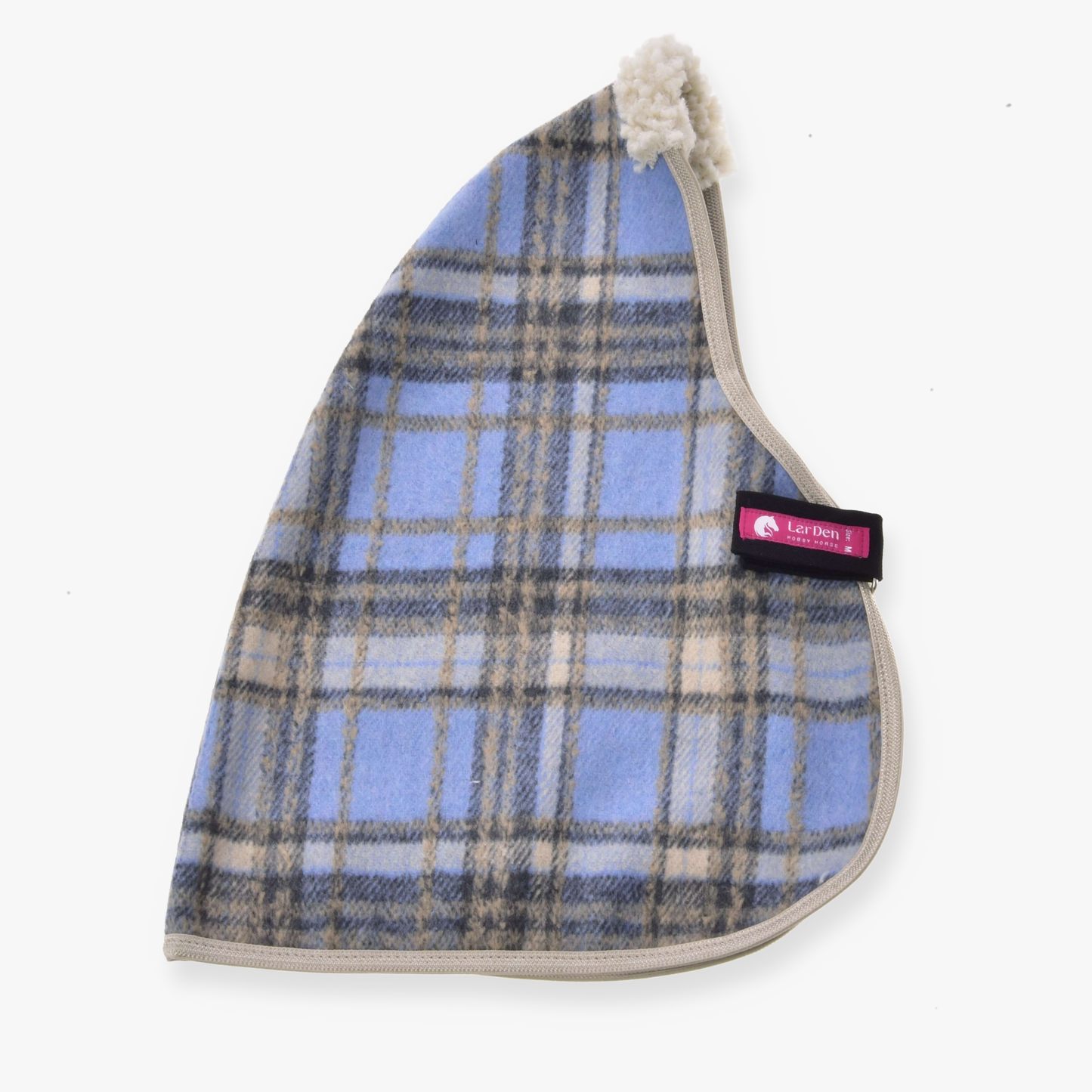 The Stable Blanket Light Blue by Hobby Horse LarDen is a triangular blue and beige plaid fleece hat with cream trim, a fluffy white tip, and a pink and black “Cat Den” tag on one side, inspired by cozy horse blankets.
