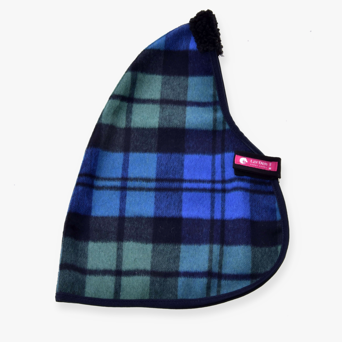 The Stable Blanket Perth by Hobby Horse LarDen features a blue, green, and black plaid design with black fleece trim and a pink Ear bag label—styled like a cozy horse training blanket for chilly days.