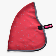 The Stable Blanket Raspberry by Hobby Horse LarDen is a red fabric blanket with grey trim and small grey polka dots, featuring a black strap with a pink label. Shown laid flat on a white background.