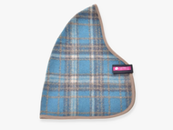 The Hobby Horse LarDen Stable Blanket Scottish Cube is a blue and beige plaid fabric with rounded triangular edges, taupe trim, and a small pink and black label tag sewn on one side.