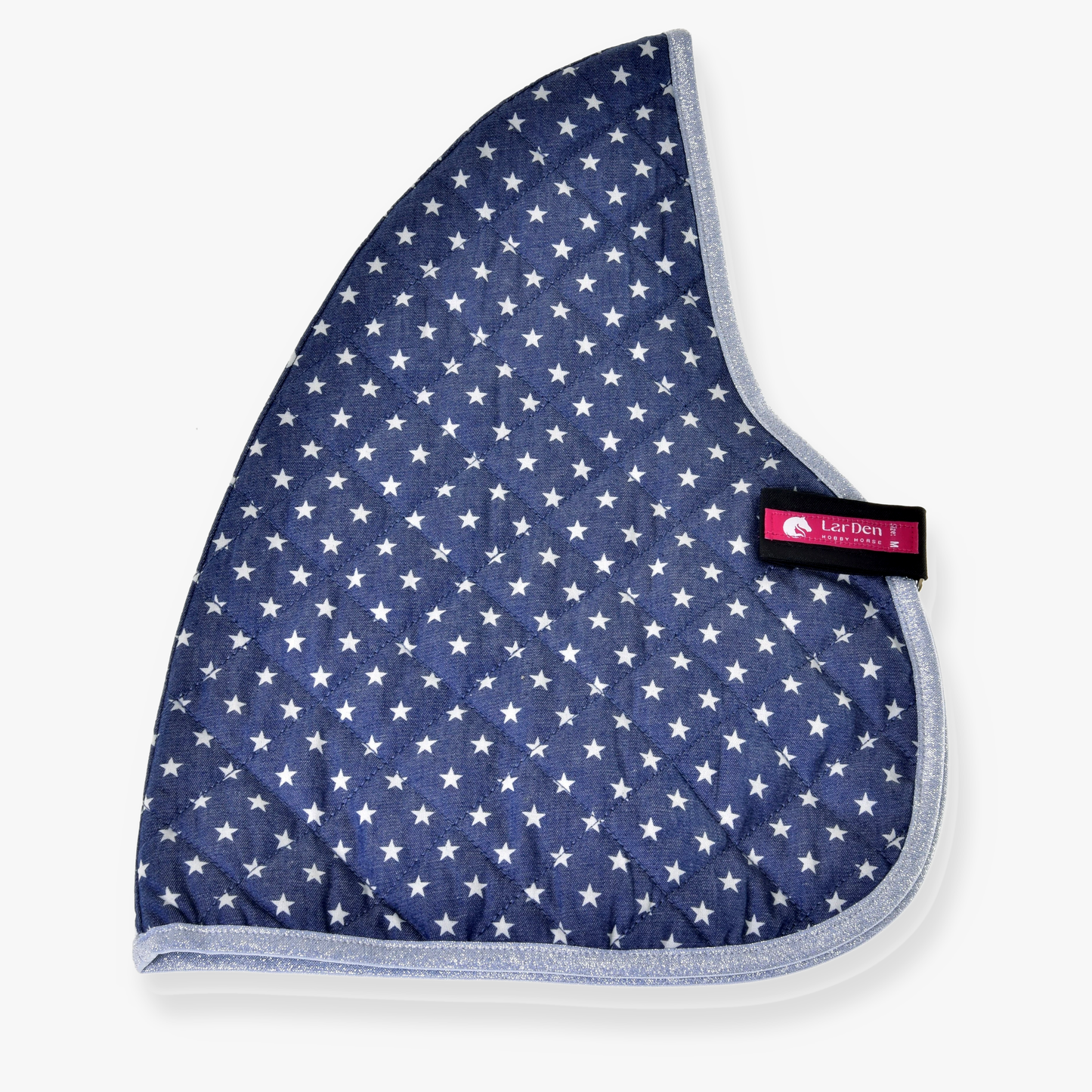 The Stable Blanket Star by Hobby Horse LarDen features blue quilted fabric adorned with white stars and a distinctive large leaf or wing shape, complete with a branded label on the right edge. This unique design makes it an ideal and stylish choice for horse protection.
