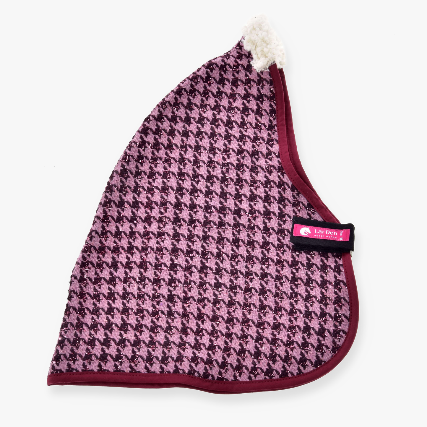 The Stable Blanket Winter Magic by Hobby Horse LarDen is a triangular pink and maroon houndstooth-patterned PES blanket with maroon trim, a white top loop, and a pink LickiMat label.